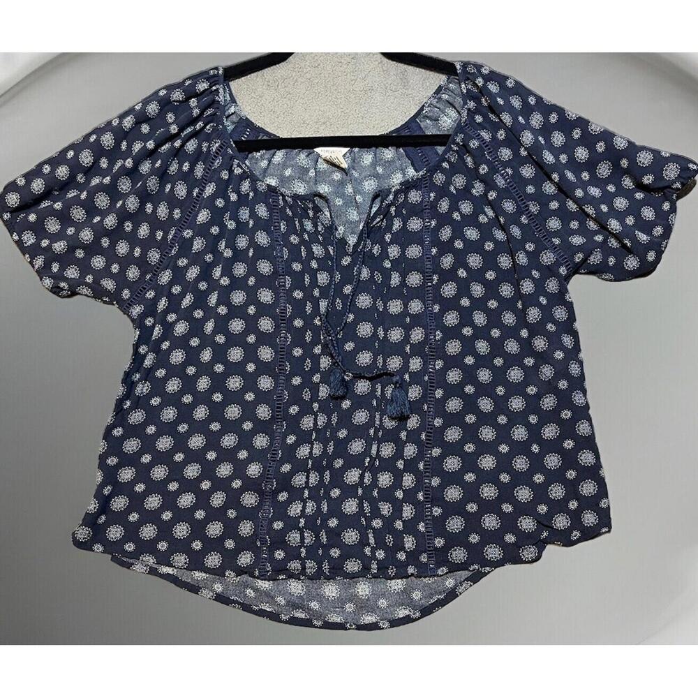 Forever 21 Blouse Womans S Navy Top Tassels, Paisley Boho Peasant Cottage‎ Core